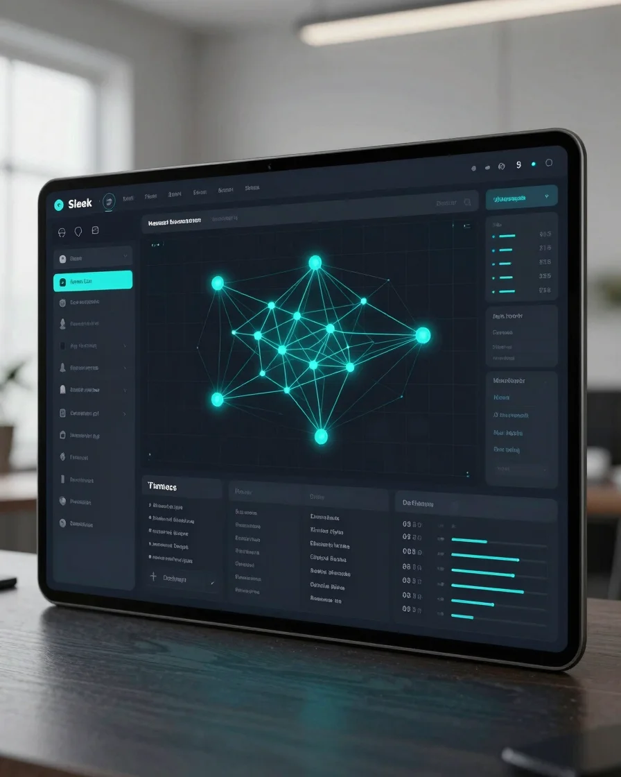 Sleek dark-mode UI dashboard module displaying a real-time network topology diagram with data flow lines, crisp cyan acc